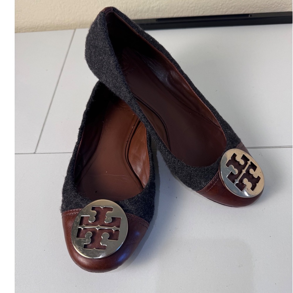 Tory Burch Reva Ballet Flats Womens 9 Quilted Wool Leather Logo Medallion